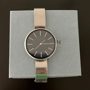 Karolina Silk-Mesh Skagen watch - silver mesh band and navy face.